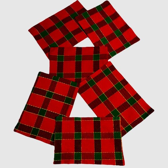 6 Cotton Blend Red White Gold Plaid Placemats Holiday Table Mats - Picture 1 of 9